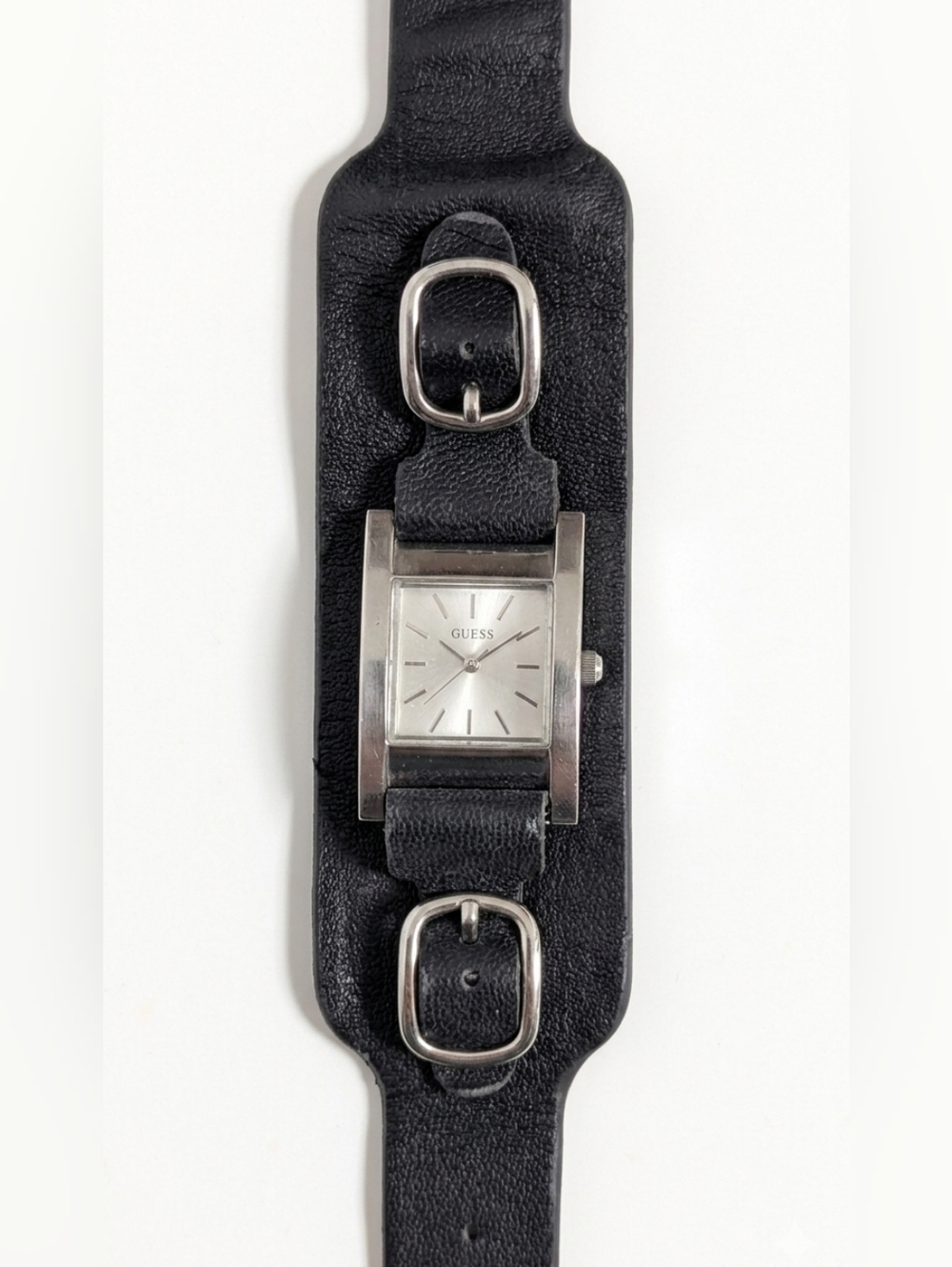 🔹(3for$20)🔹Vintage Guess Silver Tone Square Face Black Leather Cuff Watch